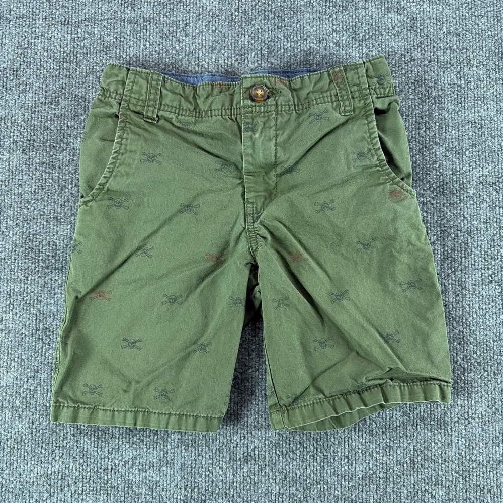 Carters Boys Olive Green Skull Crossbones Print Chino Shorts Size 6 Summer